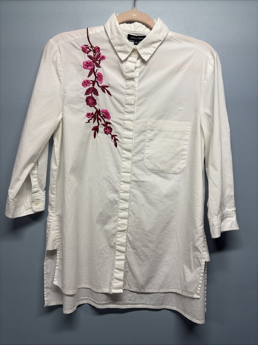 Athena Marie Women's Medium White Button-Down Shirt Pink Floral Embroidery Chic